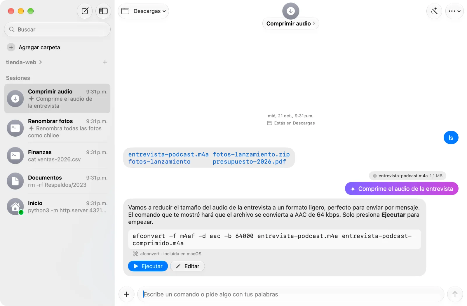 Comando: el pedido «Comprime el audio de la entrevista» y la respuesta del asistente, que propone un comando afconvert con los botones Ejecutar y Editar.