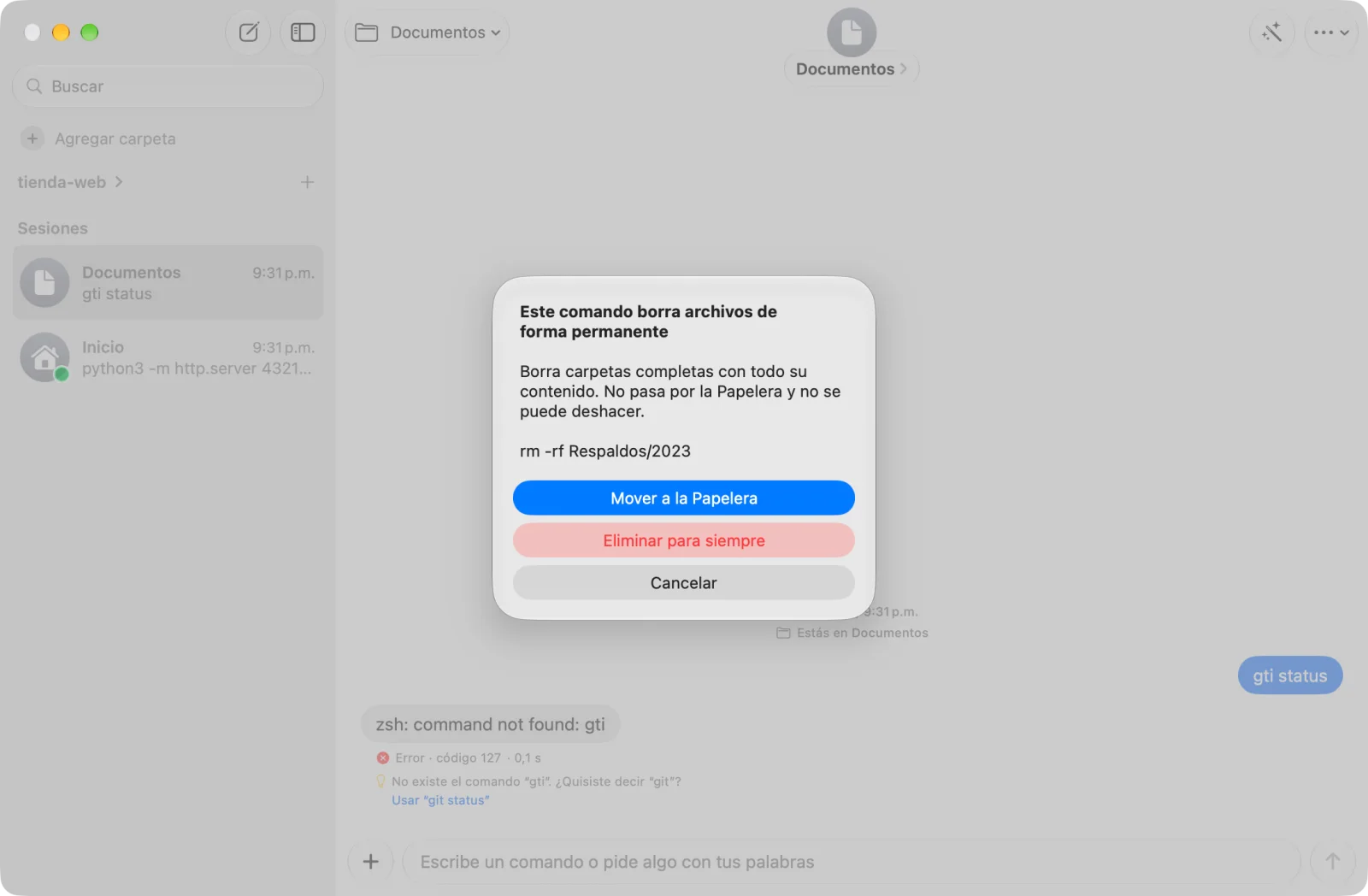 Aviso de Comando: «Este comando borra archivos de forma permanente», con los botones Mover a la Papelera, Eliminar para siempre y Cancelar.