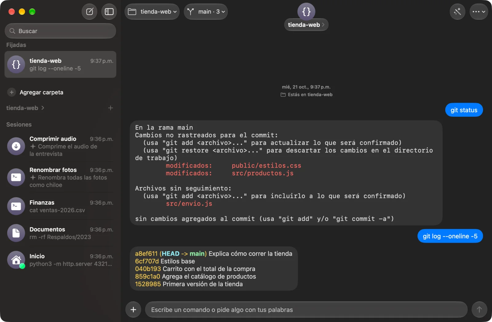 Comando en modo oscuro con git status y git log en burbujas, y la barra lateral con varias sesiones.